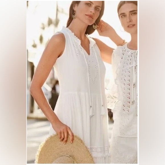 Johnny Was Jade Dress Midi White Embroidered Eyelet Boho Tiered Lined SZ L Cotta - Picture 6 of 15